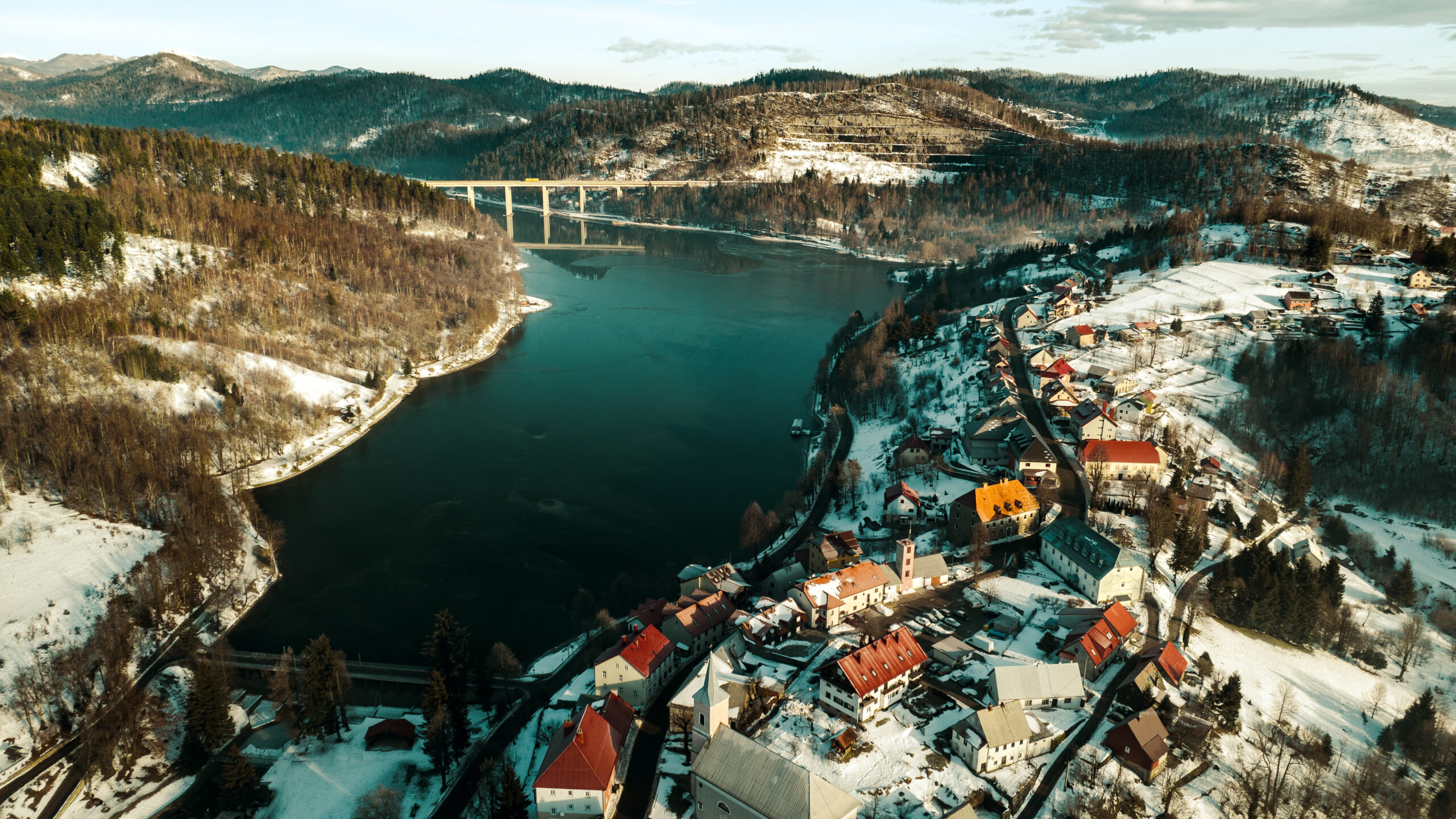 Aerial view of Fuzine in winter